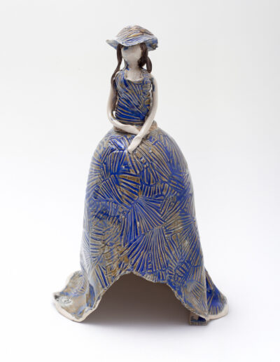 Dame robe tulipe bleue et or