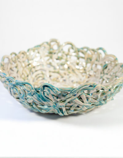 Corbeille grès tressée émail blanc bleu HT