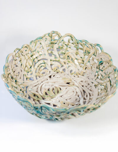 Corbeille grès tressée émail blanc bleu HT
