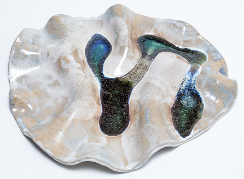 Plat fleur grès gris et verre fondu